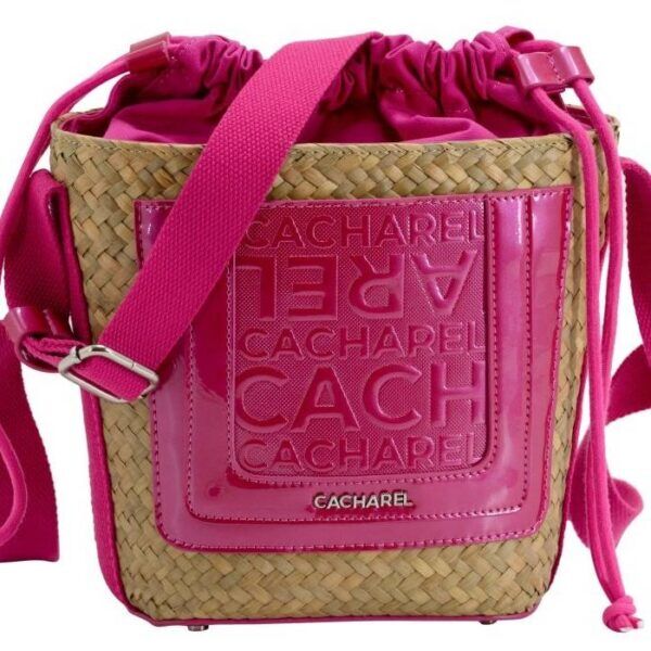 Bolso CACHAREL · Bandolera mediana · Material Rafia · Color Blanco y Magenta