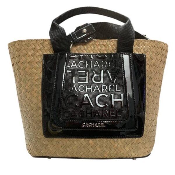 Bolso CACHAREL · Bandolera mediana · Con dos asas de mano · Material Rafia · Color Negro y Blanco